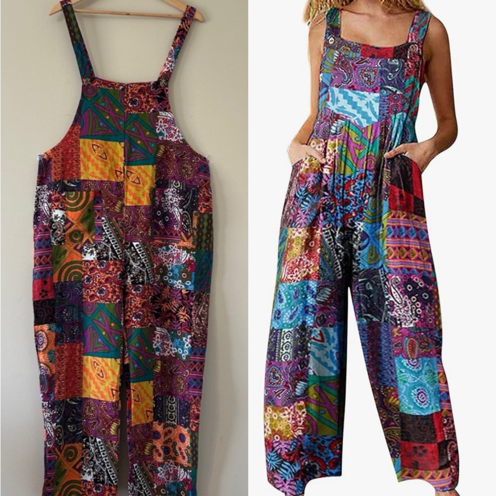 Bohemian Patchwork Print Overalls 100% Cotton Fro… - image 1